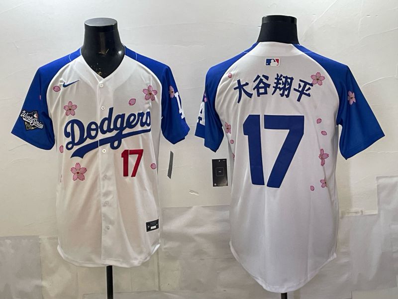 Men Nike 2026 Los Angeles Dodgers #17 Ohtani White Blue Sakura Edition Game MLB Jersey 120813
